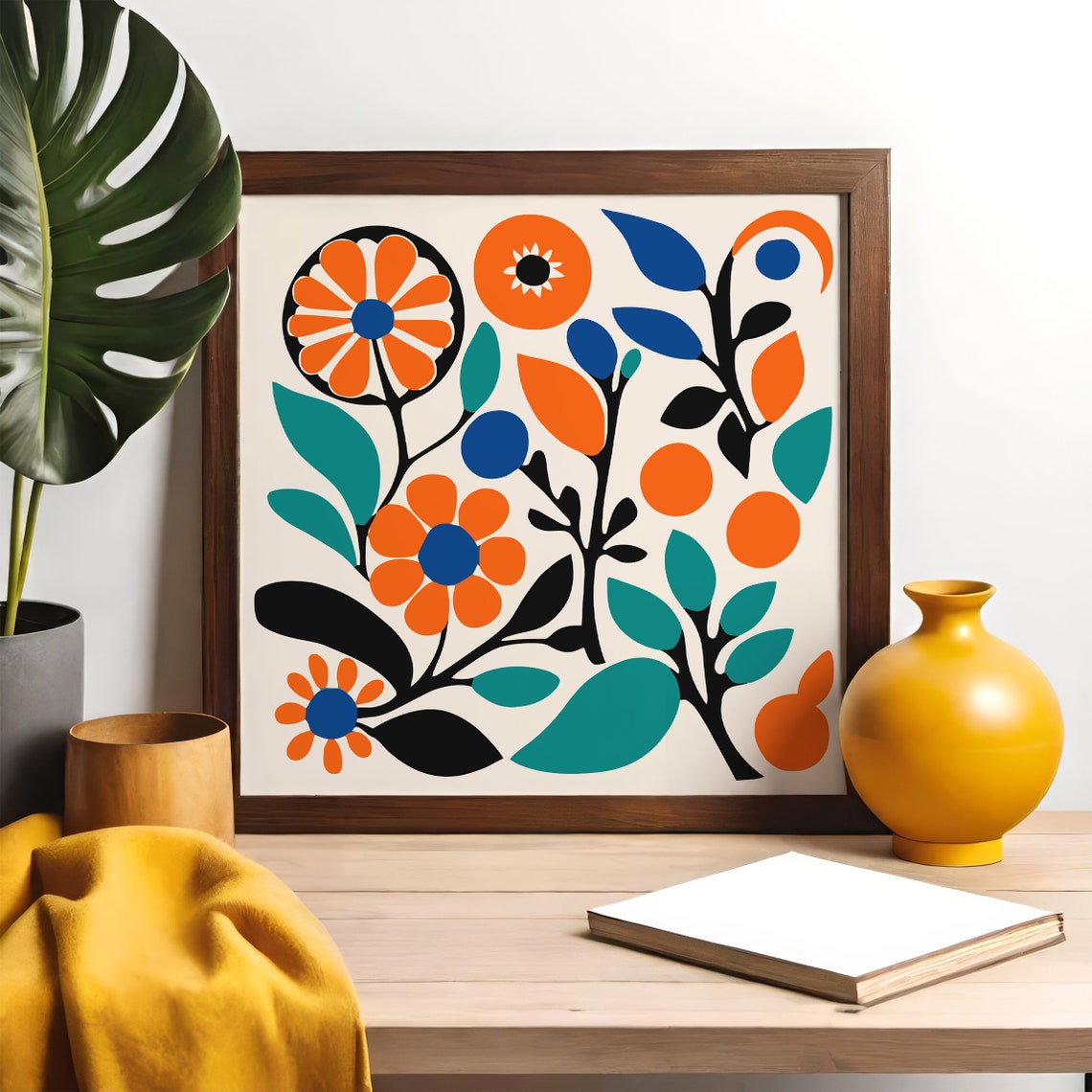 Orange Blue Retro Floral Folk Style Bold Botanical Pattern Print - Image 5