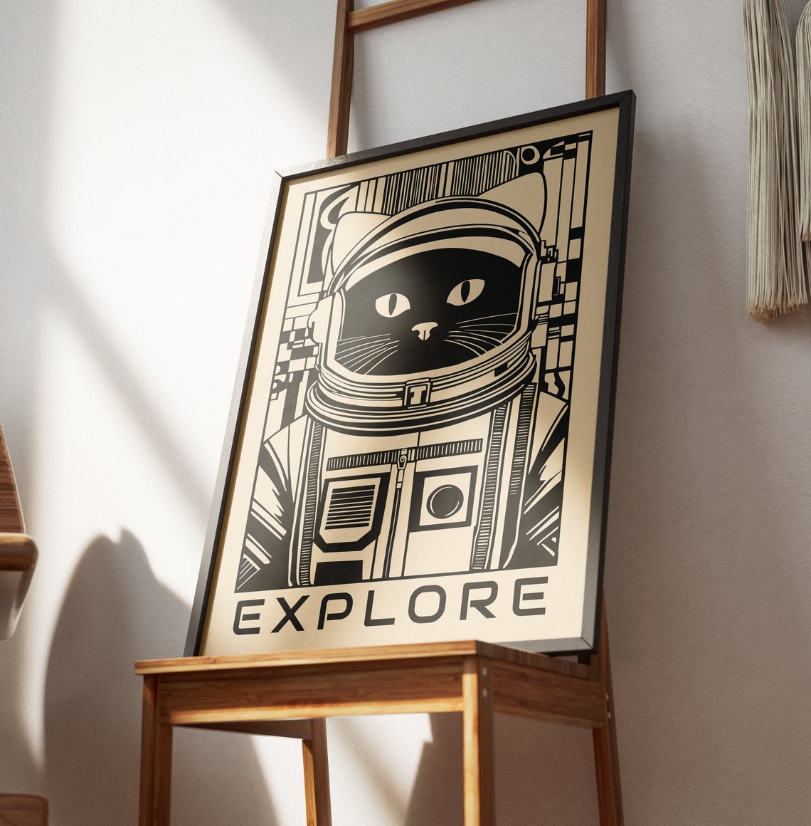 Astronaut Cat Explore Space Black Beige Fun Kids Room Decor Poster - Image 5