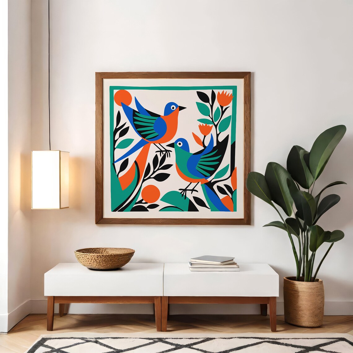 Colorful Retro Birds Square Folk Style Mid Century Modern Print - Image 4