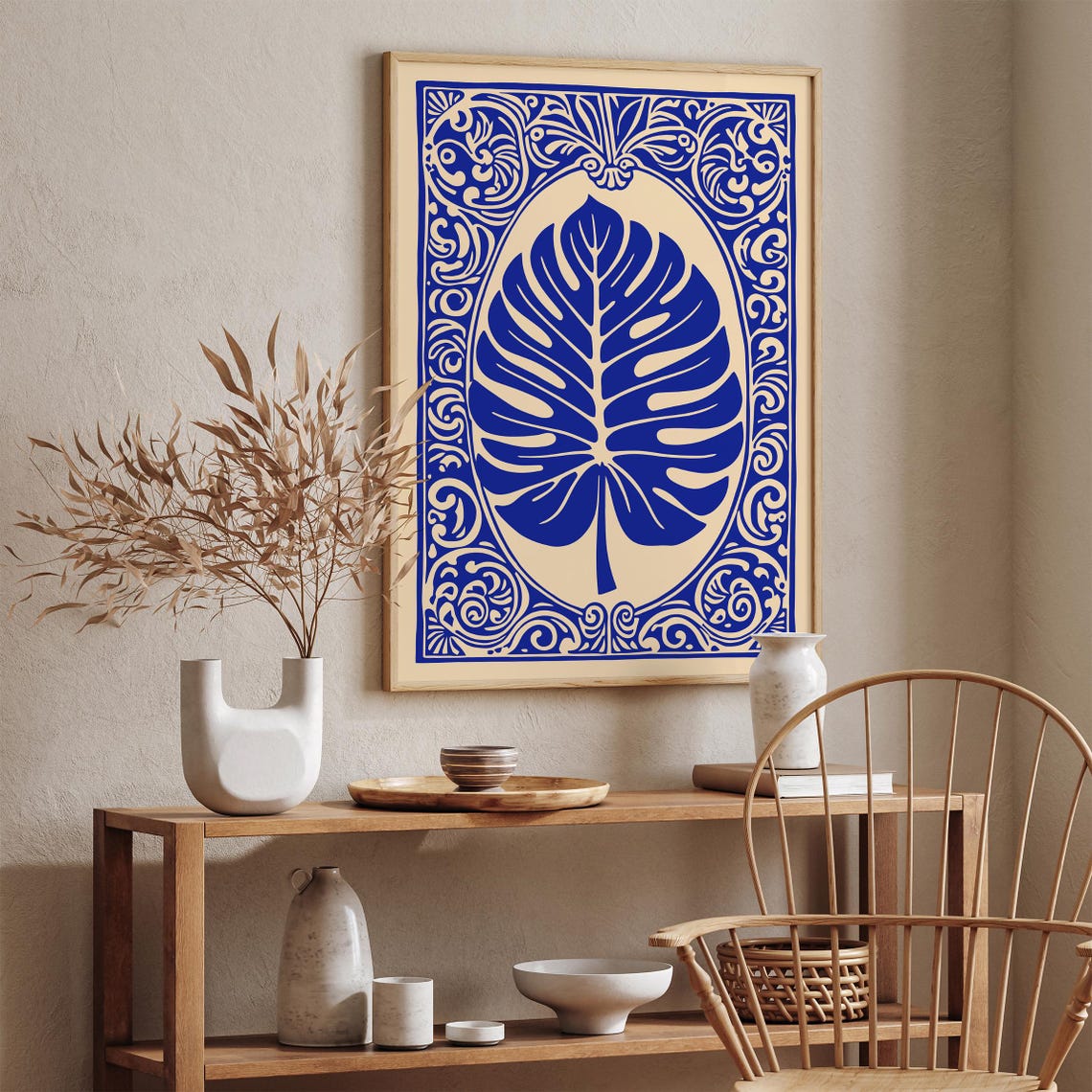 Blue Monstera Leaf Ornamental Tile Botanical Boho Art Poster - Image 2