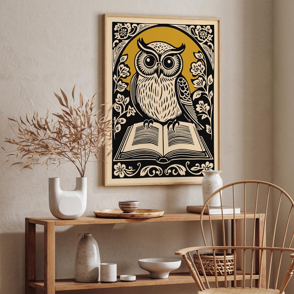 Mustard Yellow Owl Reading Book Linocut Library Decor Poster - Image 2