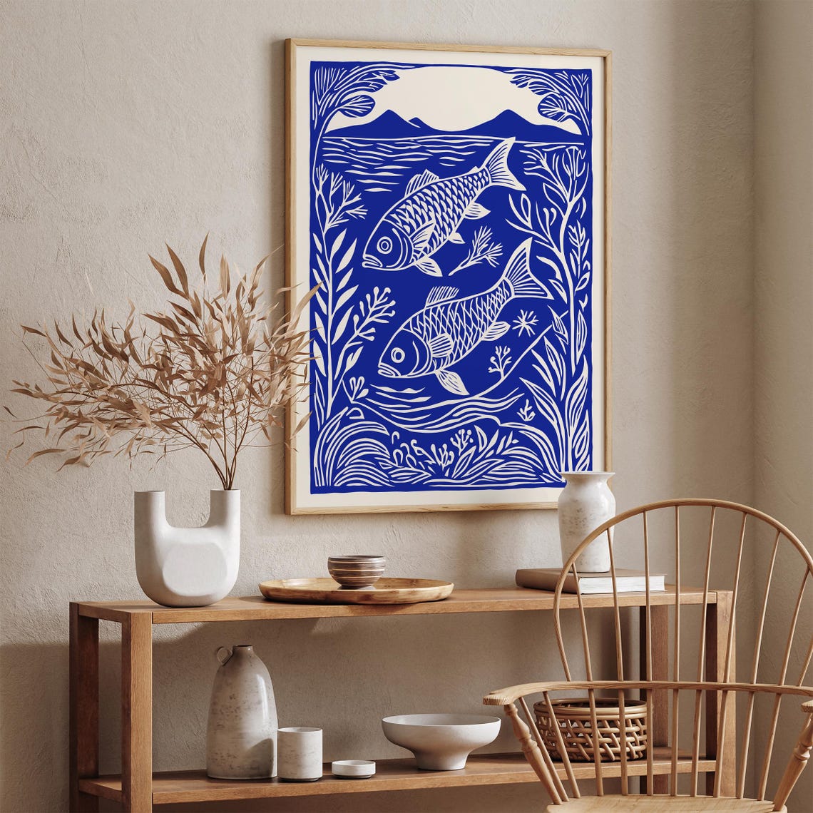 Blue Koi Carp Pair Linocut Japanese Fish Nature Artwork Poster - Image 5