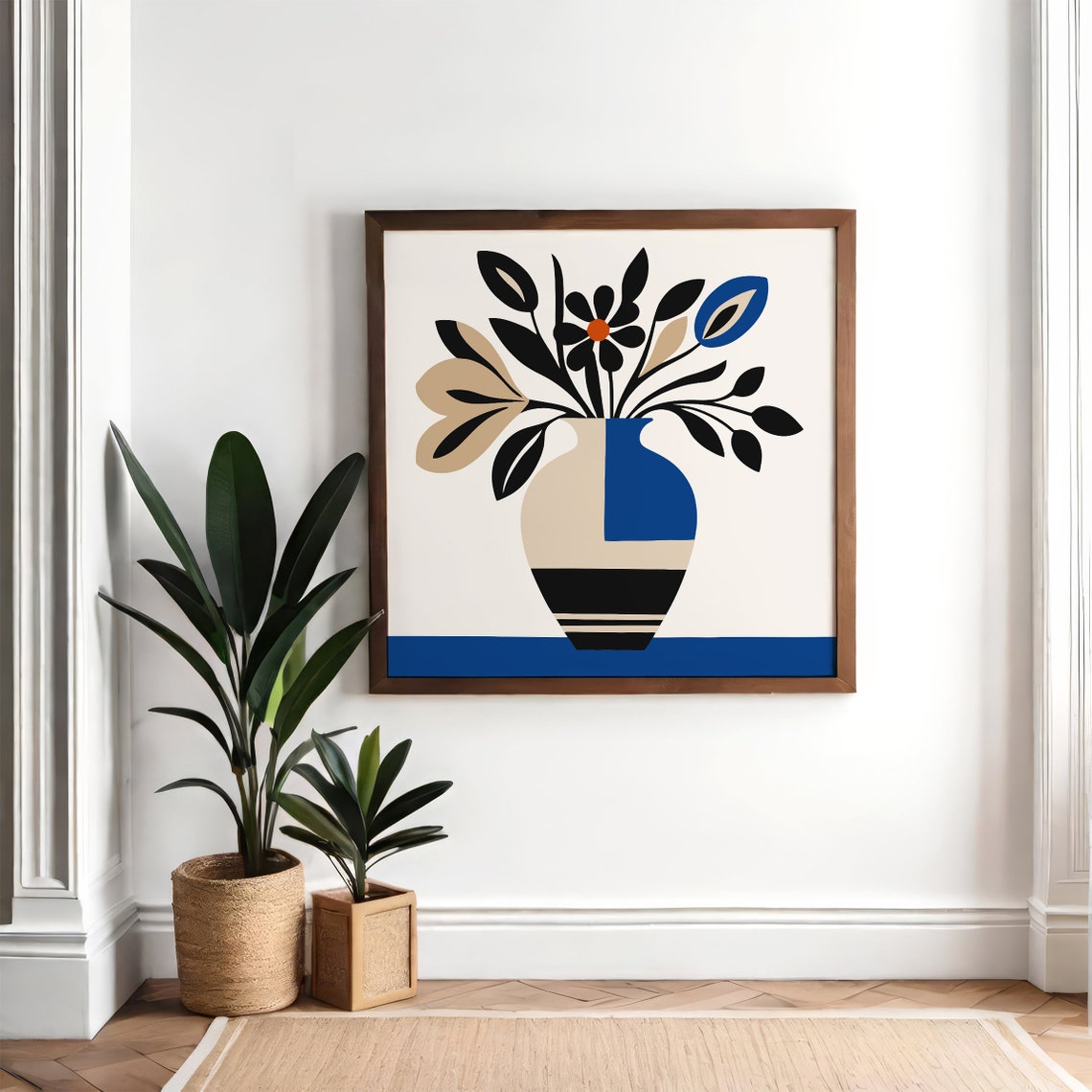 Blue Beige Geometric Vase Floral Minimalist Square Art Print - Image 5