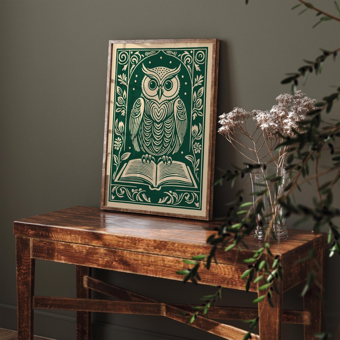 Green Linocut Owl Reading Book Whimsical Library Decor Poster - Image 3