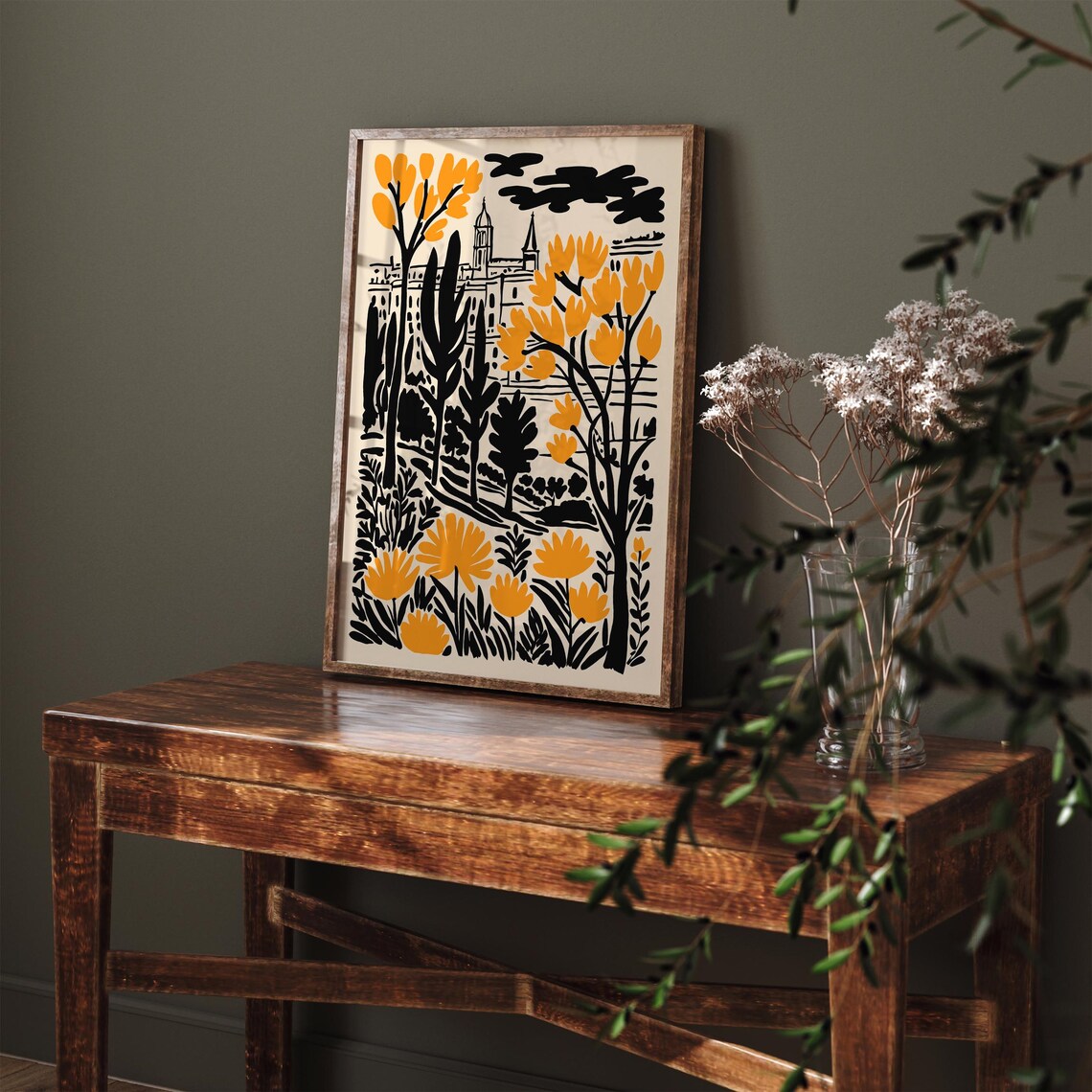 French Countryside Church Poster With Black and Orange Autumn Trees - Image 2