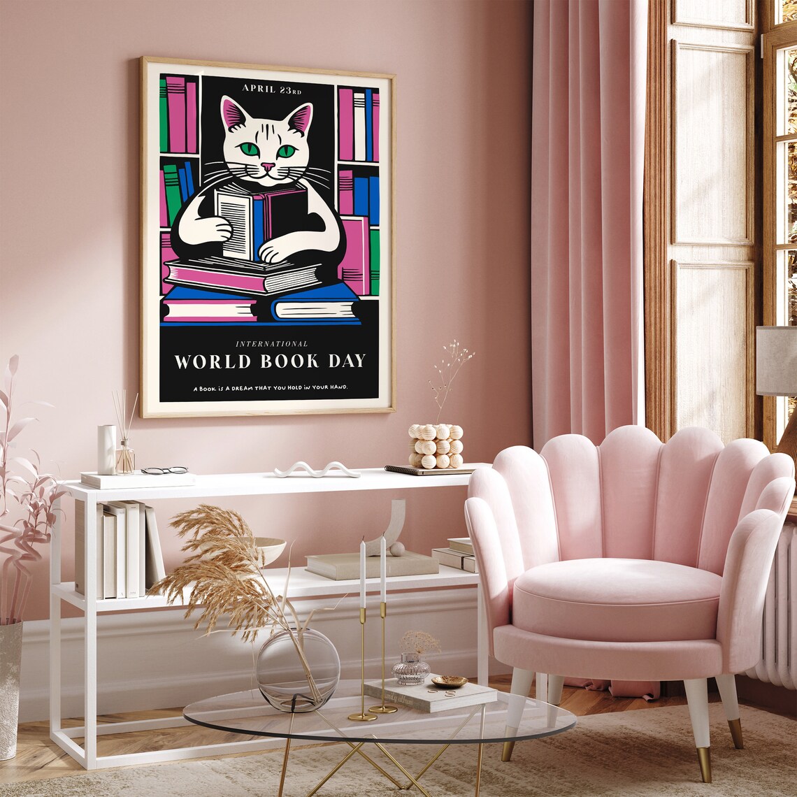 International World Book Day White Cat Reading Quote Art Poster - Image 4