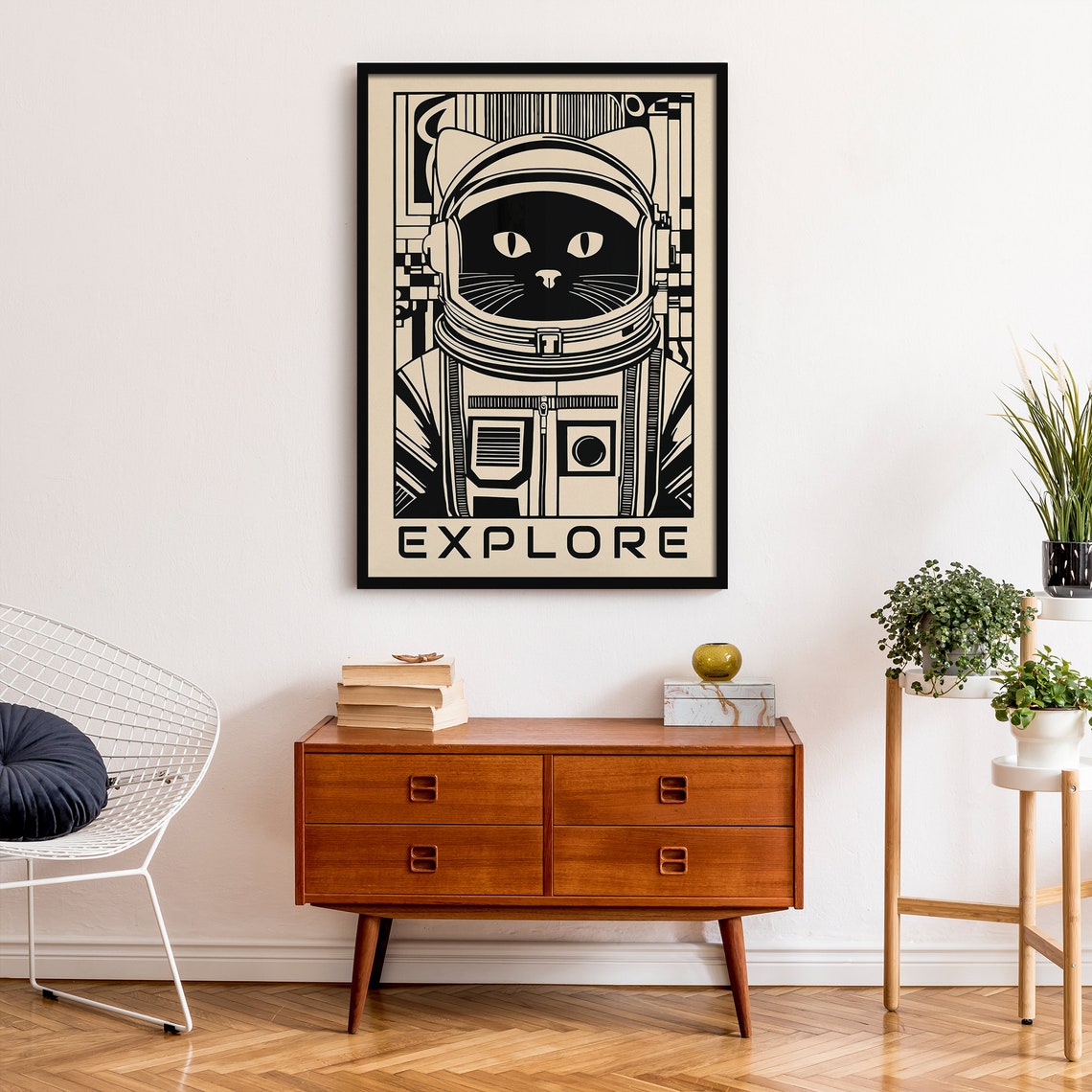 Astronaut Cat Explore Space Black Beige Fun Kids Room Decor Poster - Image 2