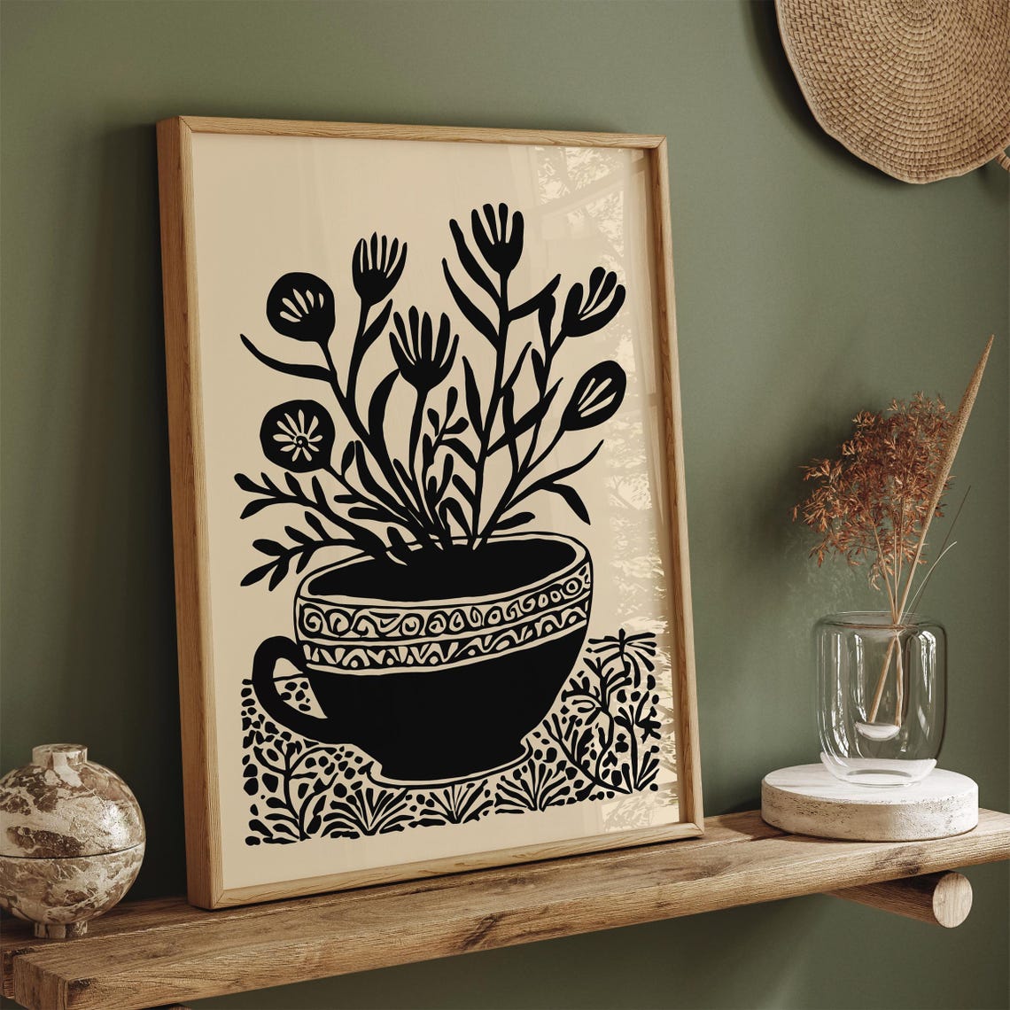 Black Ink Flowers in a Teacup Minimalist Botanical Illustration Poster - Image 3