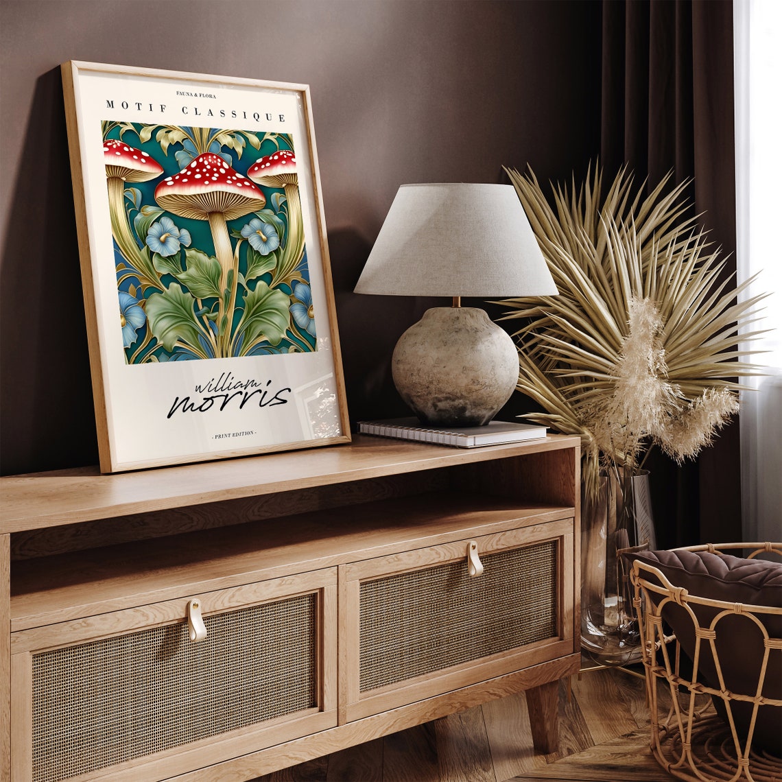 William Morris Motif Classique Red Mushroom And Blue Floral Poster - Image 4