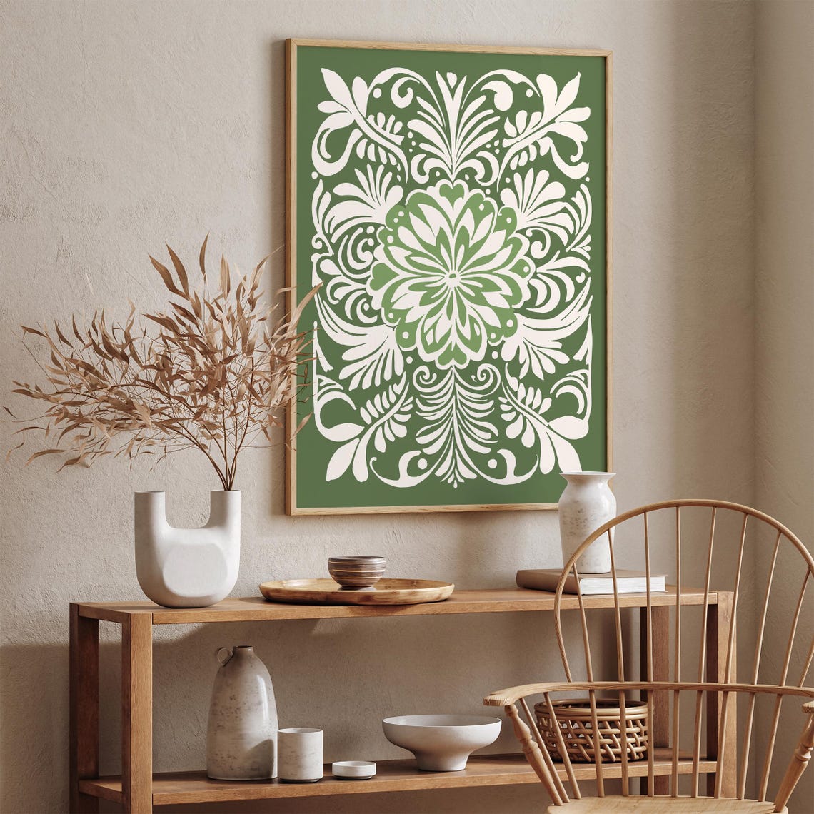 Green Cream Elegant Floral Pattern Rococo Botanical Art Print - Image 3