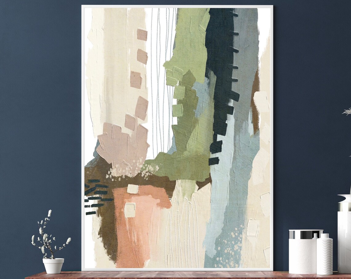 Neutral Abstract Art Print, Blue Green Boho Decor