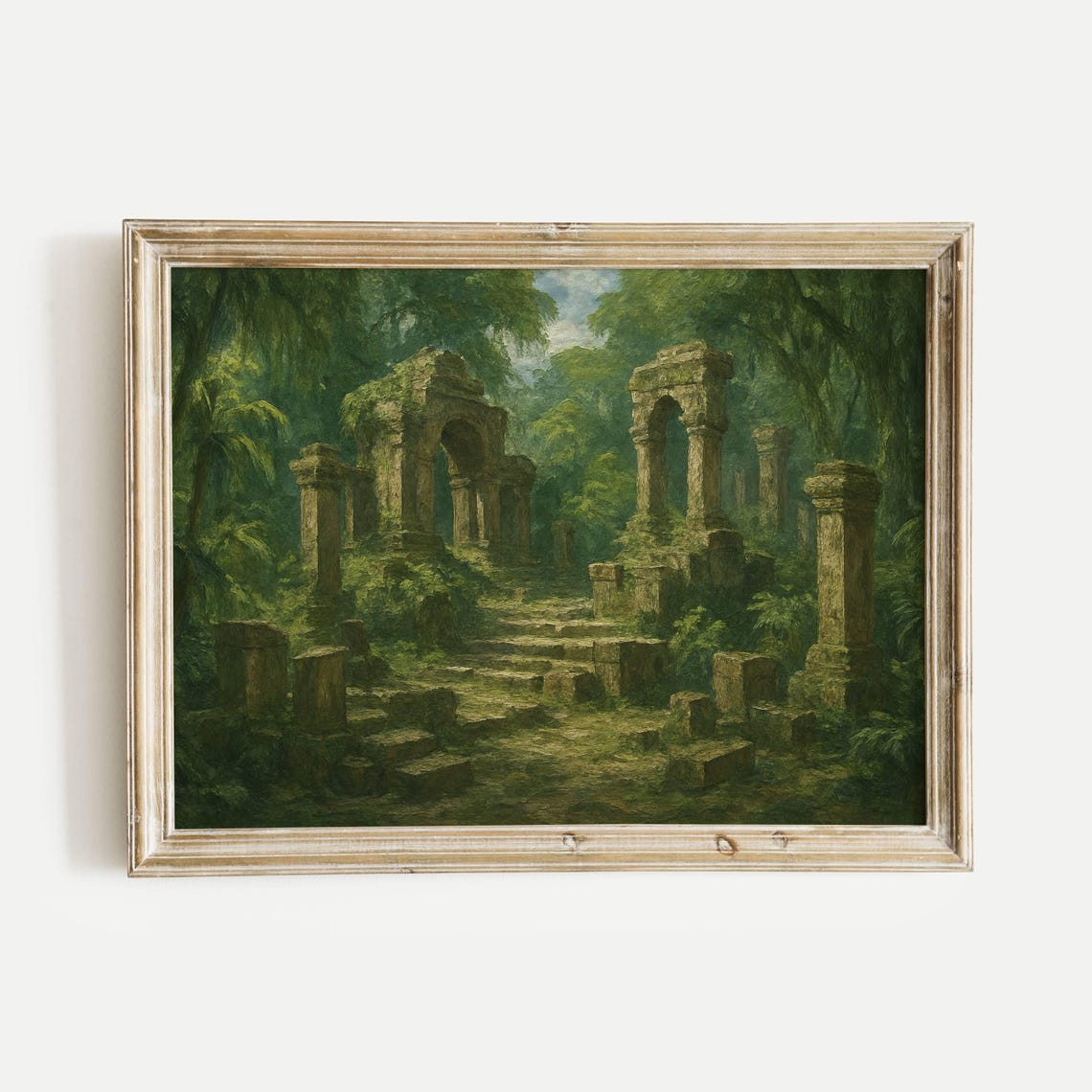 Ancient Moss Covered Stone Ruins Deep in a Green Jungle Forest Poster
