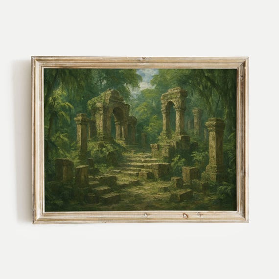 Ancient Ruins Overgrown With Jungle Oil Painting Print Vintage Nature Wall Art Home Office Living Room Bedroom Decor