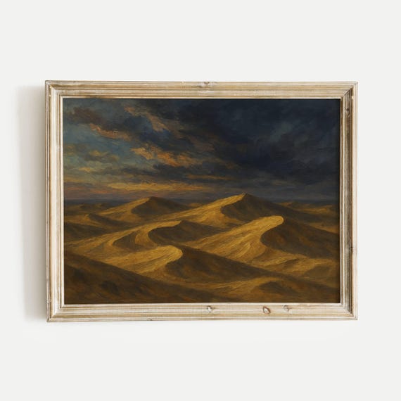 Desert Dunes Under Evening Sky Oil Painting Print Vintage Nature Wall Art Home Office Living Room Bedroom Decor