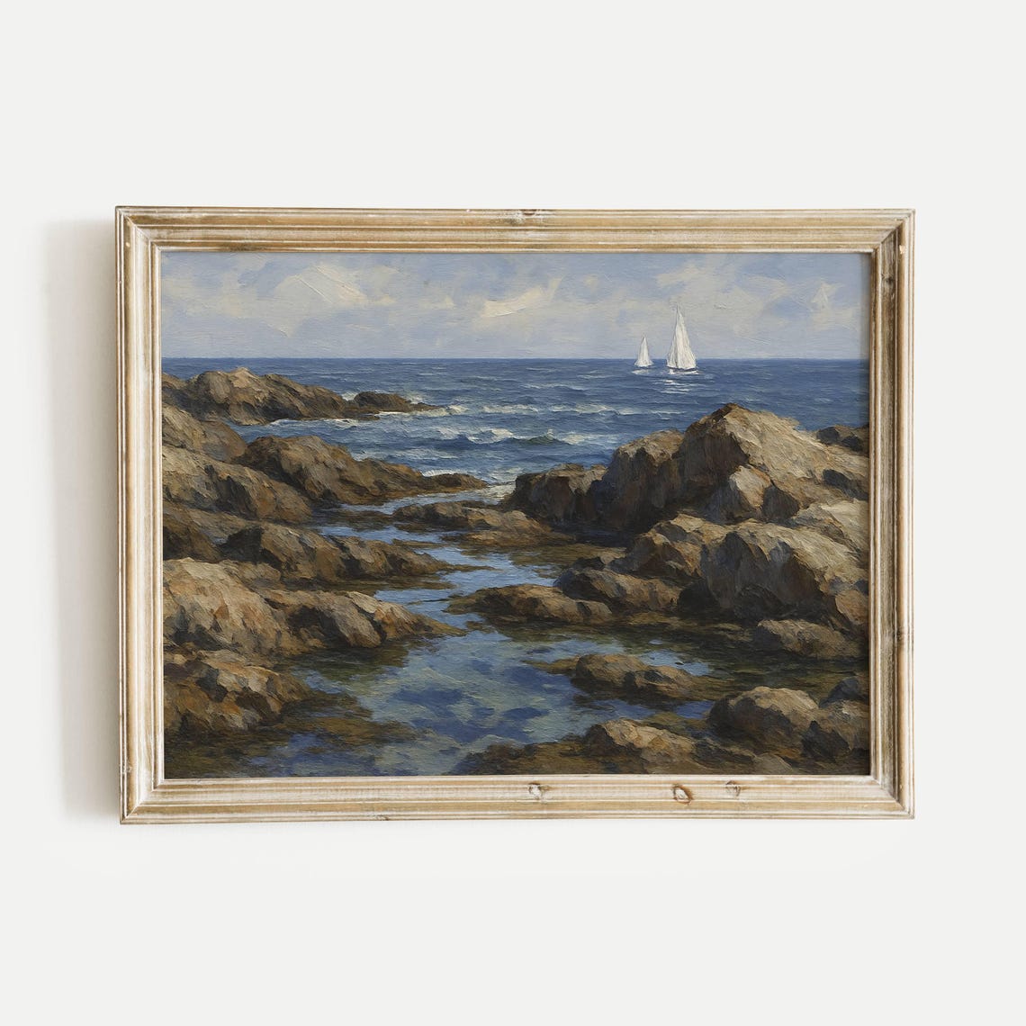 Classic Rocky Coastline With Distant Sailboats Seascape Oil Poster