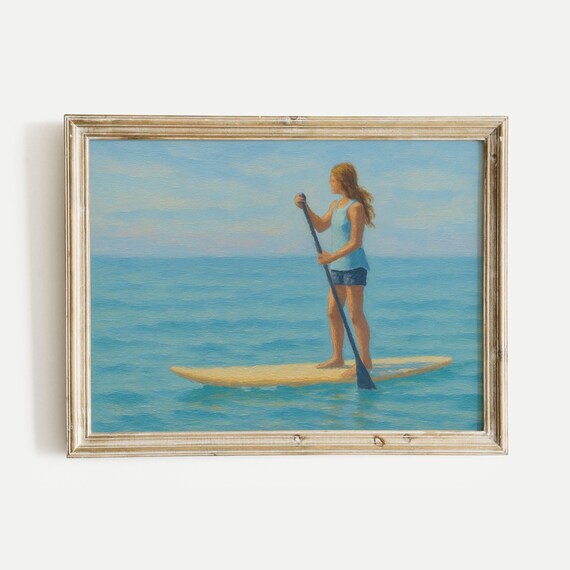 Girl Paddleboarding on Calm Blue Ocean Sunny Day Oil Painting Poster