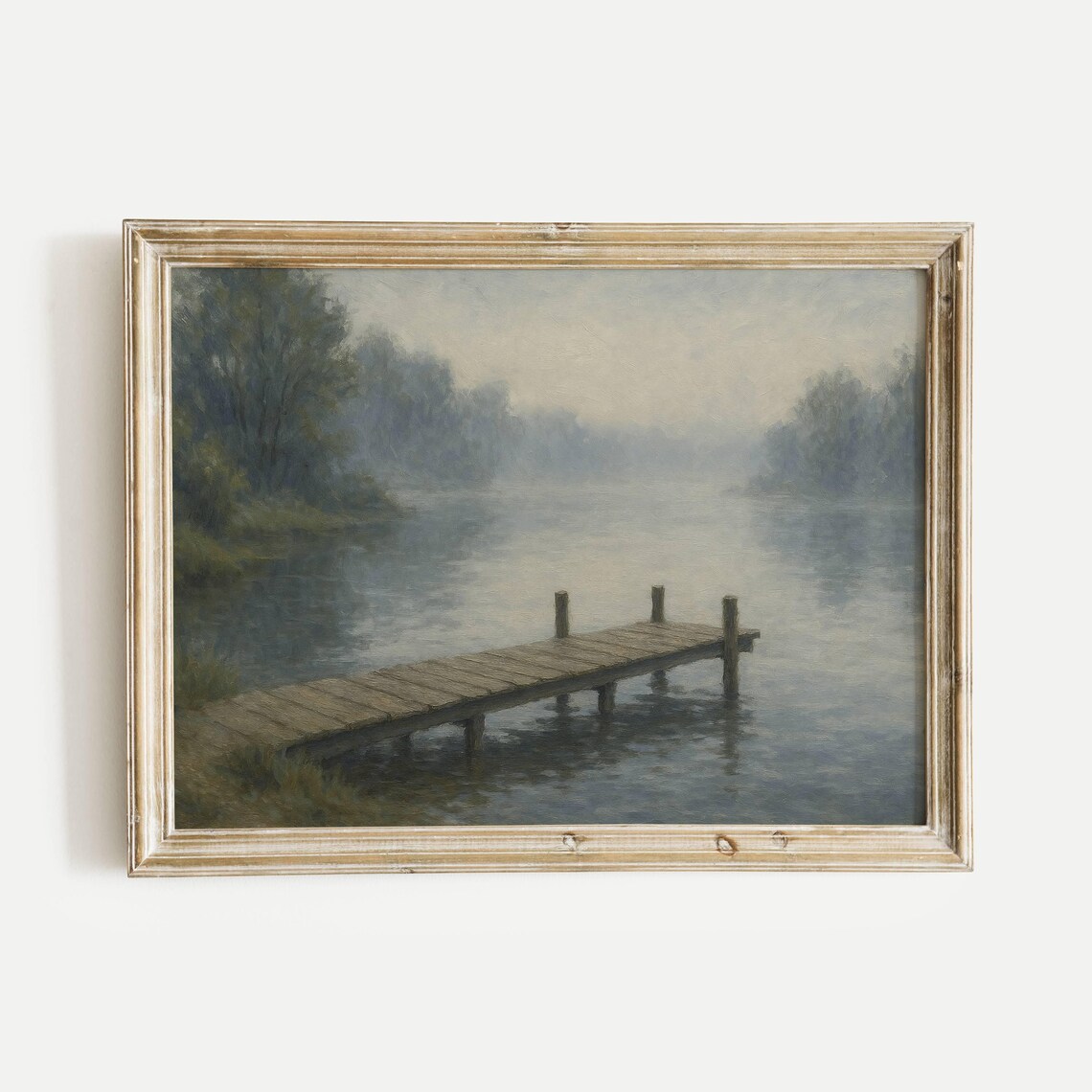 Empty Wooden Dock on a Misty Morning Lake Serene Painting Poster