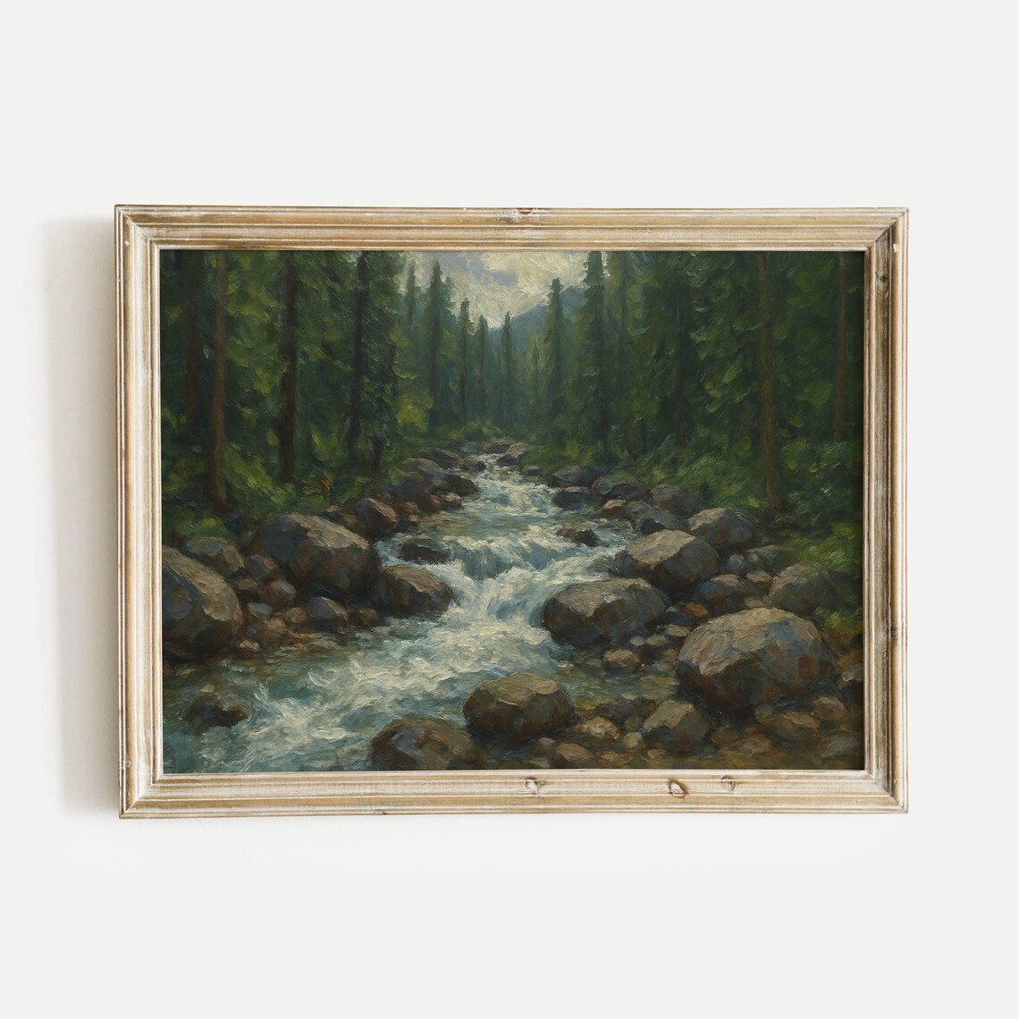 Rocky Forest Stream Rushing Through Pine Woods Oil Painting Poster