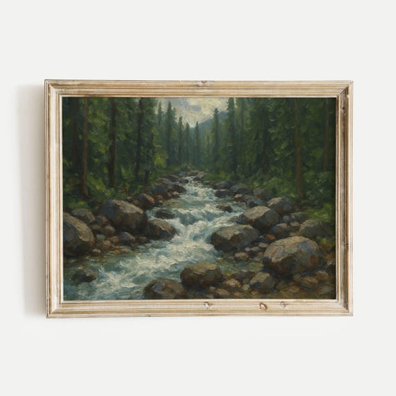 Rocky Mountain Stream In A Forest Oil Painting Print Vintage Nature Wall Art Home Office Living Room Bedroom Decor