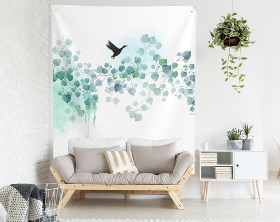 Blue Leaves Boho Botanical Wall Hanging Art Print