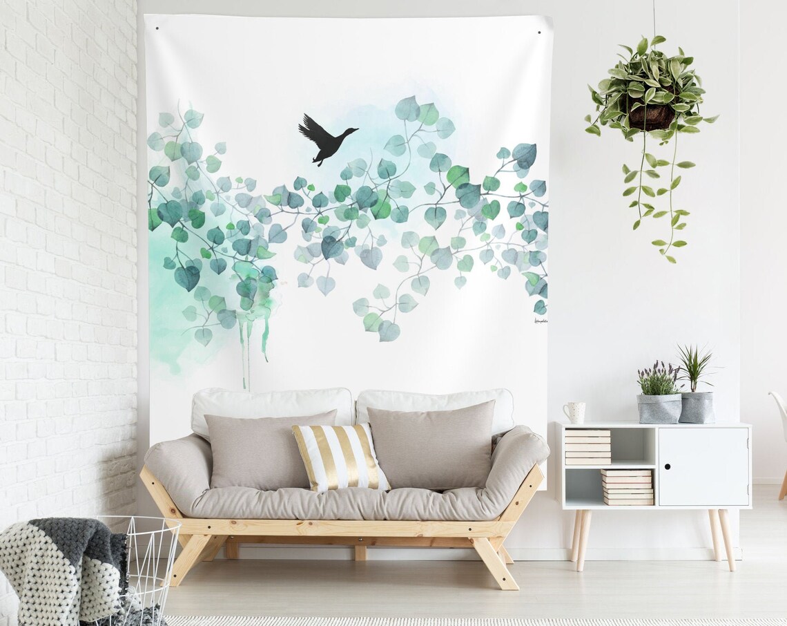 Blue Leaves Boho Botanical Wall Hanging Art Print