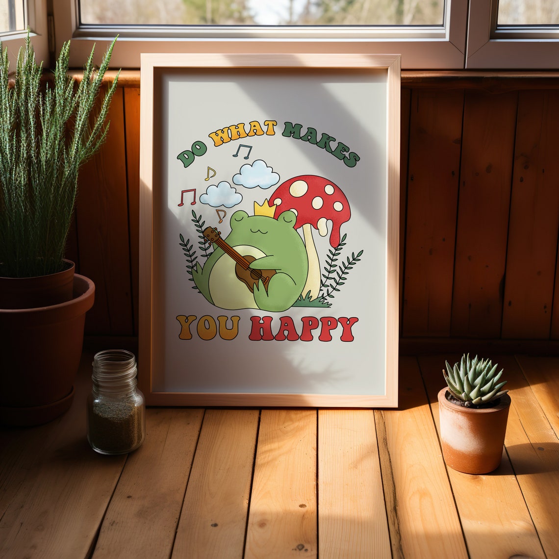 Do What Makes You Happy Cute Frog Guitar Mushroom Retro Poster - Image 2