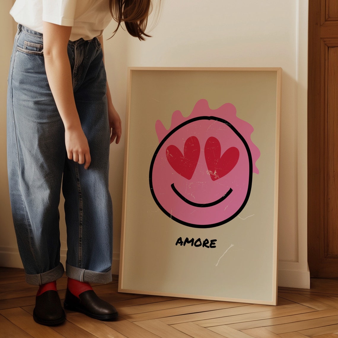 Amore Pink Smiley Heart Eyes Retro Love Distressed Art Poster - Image 2