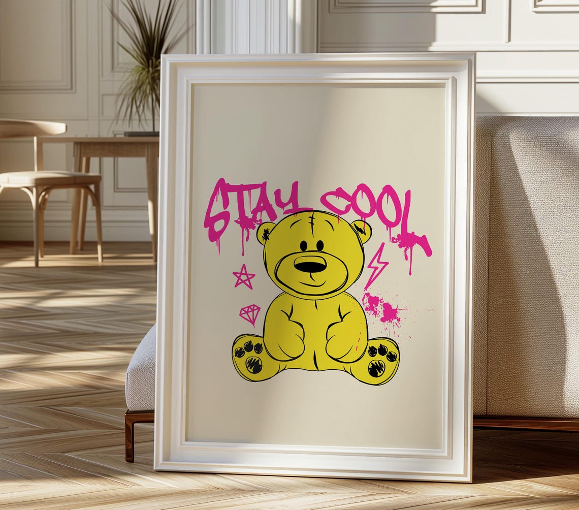 Stay Cool Bold Pink Graffiti Teddy Bear Street Style Art Poster - Image 4