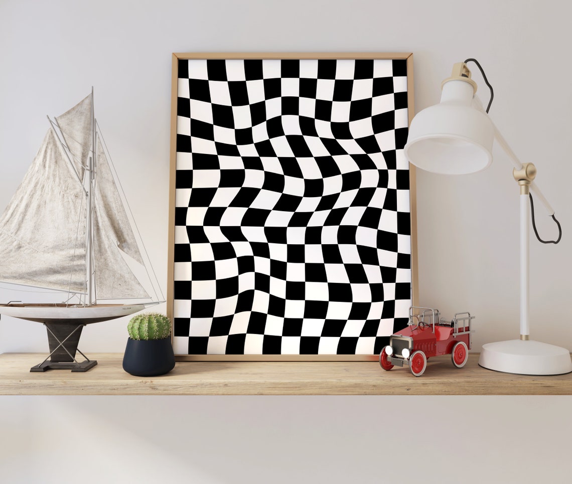 Wavy Black White Checkerboard Pattern Bold Retro Optical Poster - Image 4
