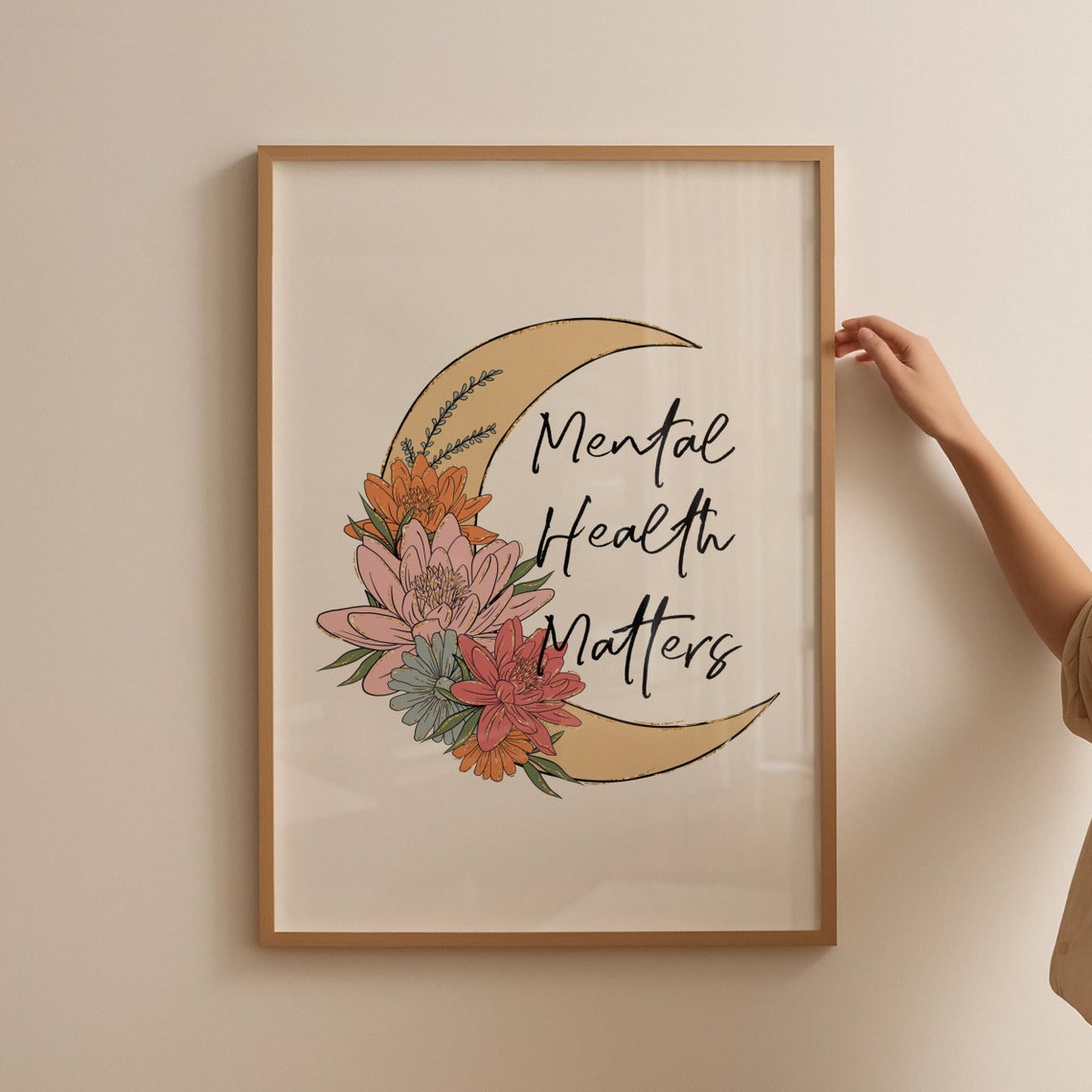 Mental Health Matters Crescent Moon Floral Celestial Quote Poster