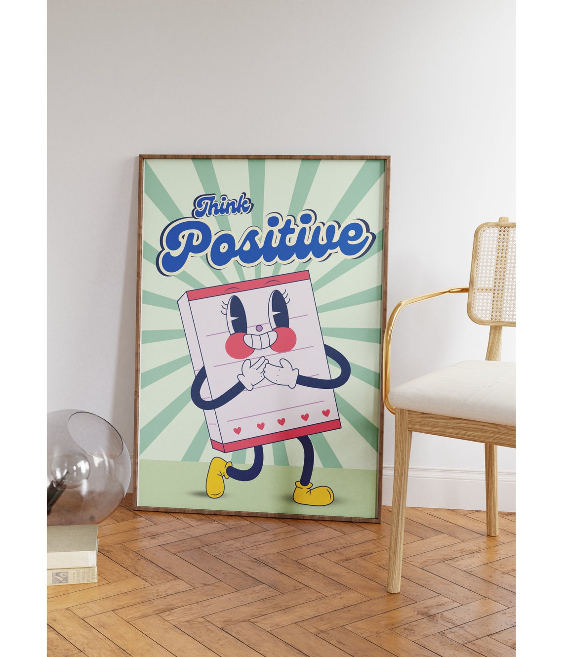 Think Positive Happy Notepad Character Retro Quote Art Poster - Image 4