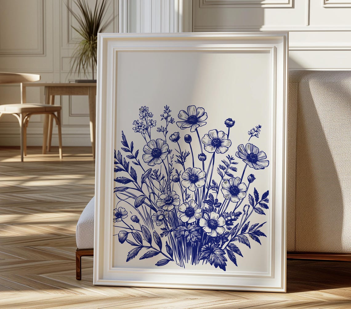 Blue Ink Botanical Bouquet Poster Vintage Wildflower Sketch Decor