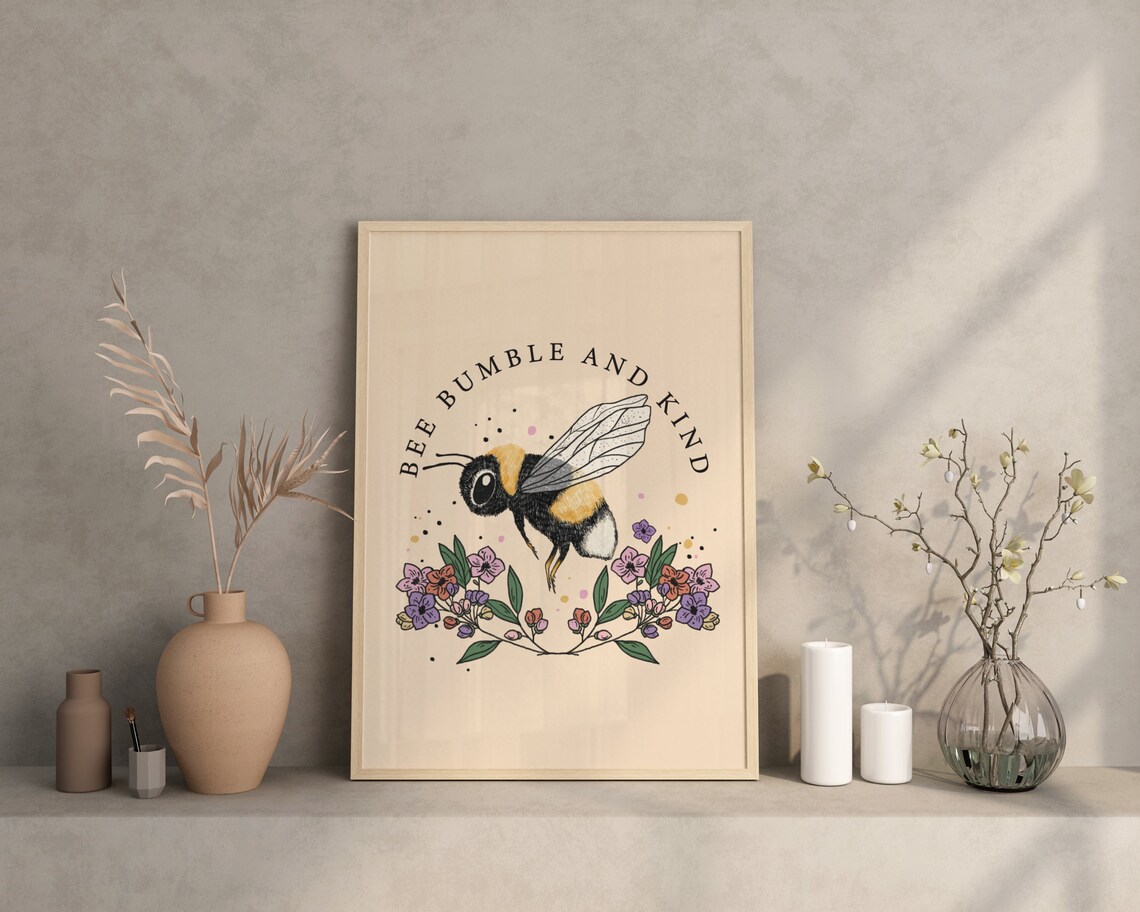 Kindness Wall Print Hand Drawn Bee Print Wall Decor Cute Wall Art Hippie Print Art Classroom Wildflower Print - Image 3