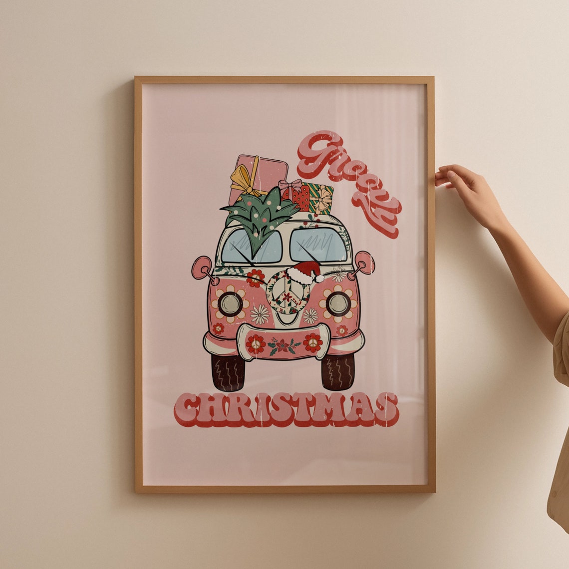 Groovy Christmas Pink Camper Van Poster Retro Holiday Flower Power - Image 4