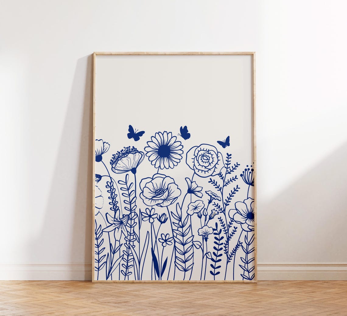 Blue Ink Wildflower Line Art Poster Minimalist Botanical Wall Decor