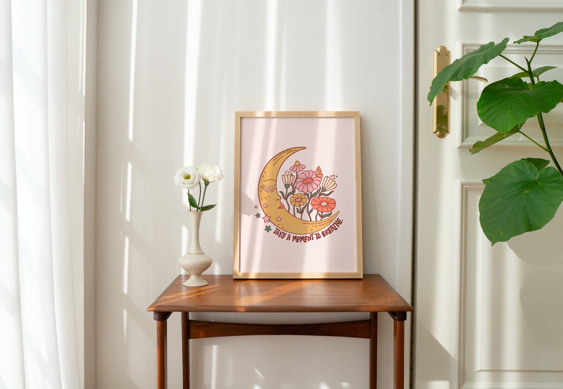Take A Moment To Breathe Crescent Moon Flower Celestial Quote Poster - Image 2