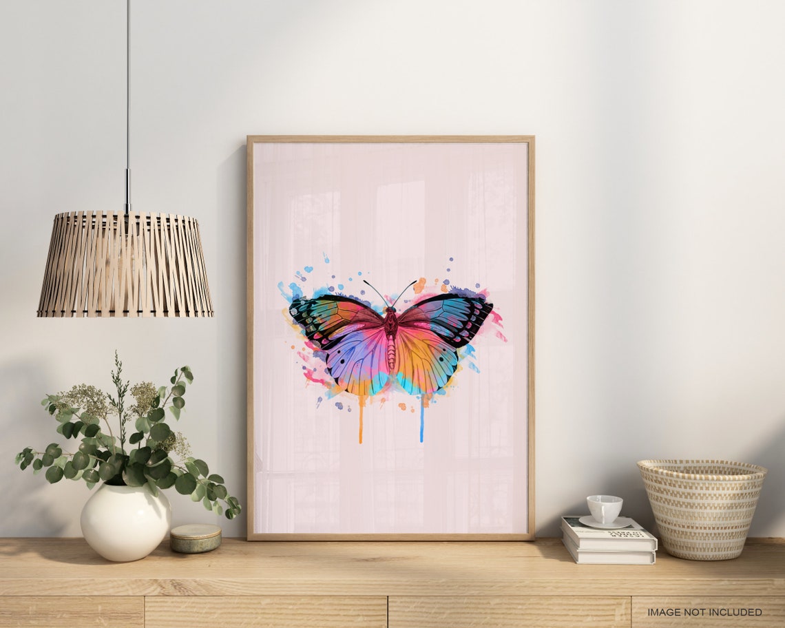 Rainbow Watercolor Butterfly Poster Pink Wall Decor Modern Insect Art - Image 2