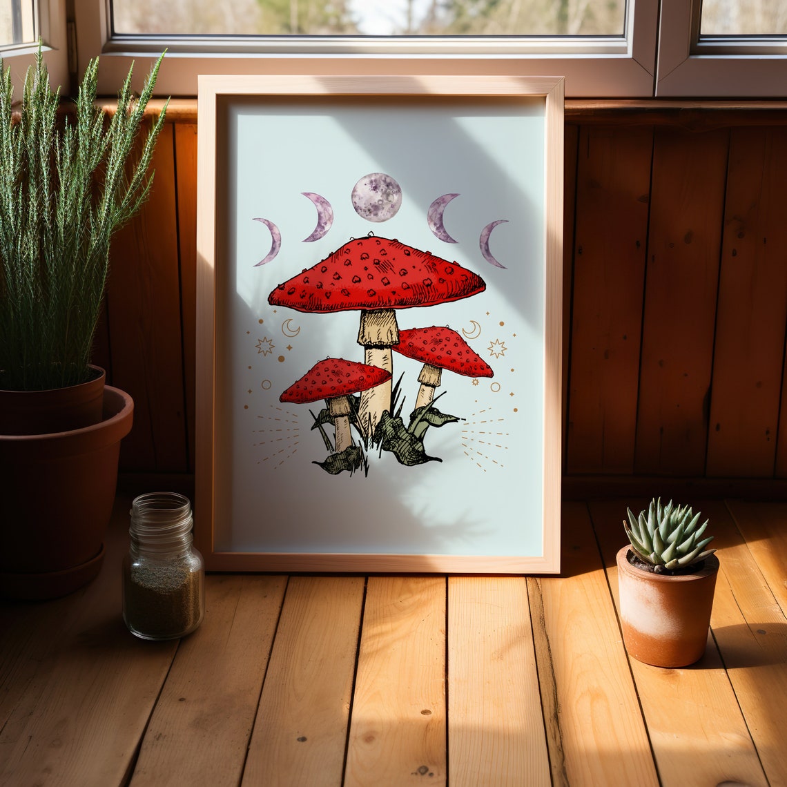 Celestial Red Mushroom Moon Phase Stars Vintage Botanical Poster - Image 4