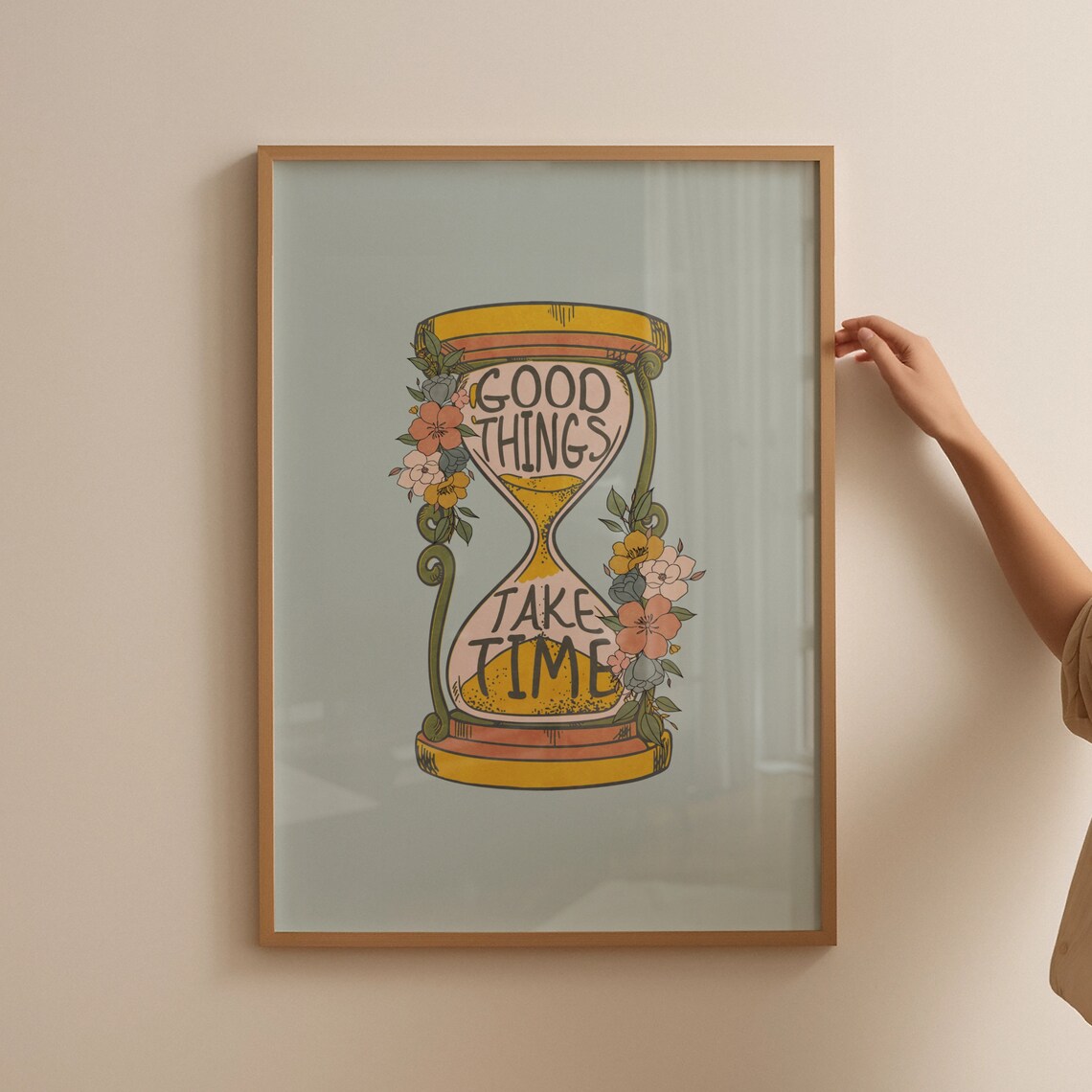 Good Things Take Time Vintage Hourglass Floral Retro Quote Poster - Image 4