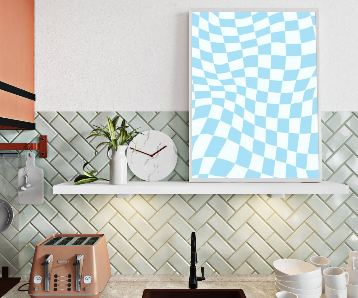 Blue White Wavy Checkerboard Groovy Optical Pattern Art Poster - Image 3