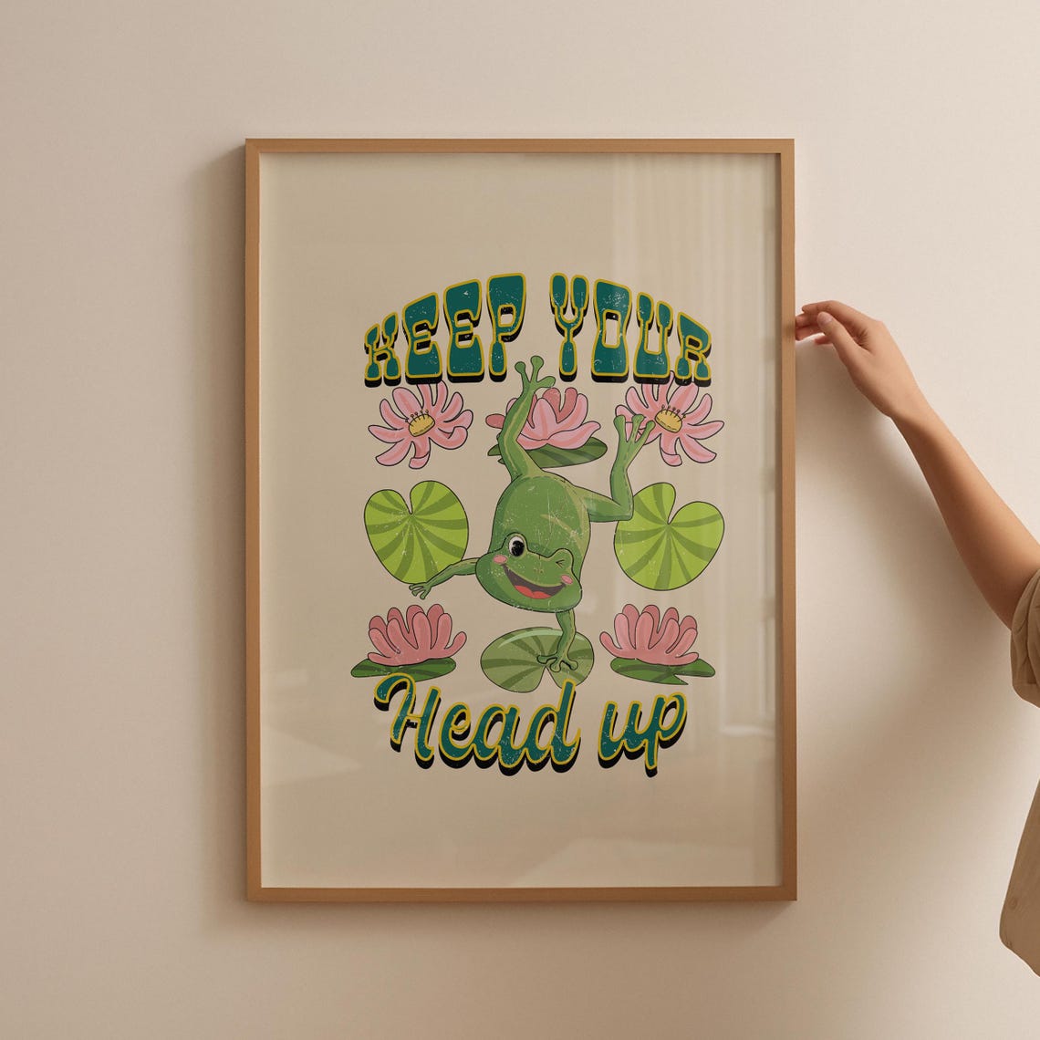 Keep Your Head Up Happy Frog Lily Pad Lotus Retro Quote Poster