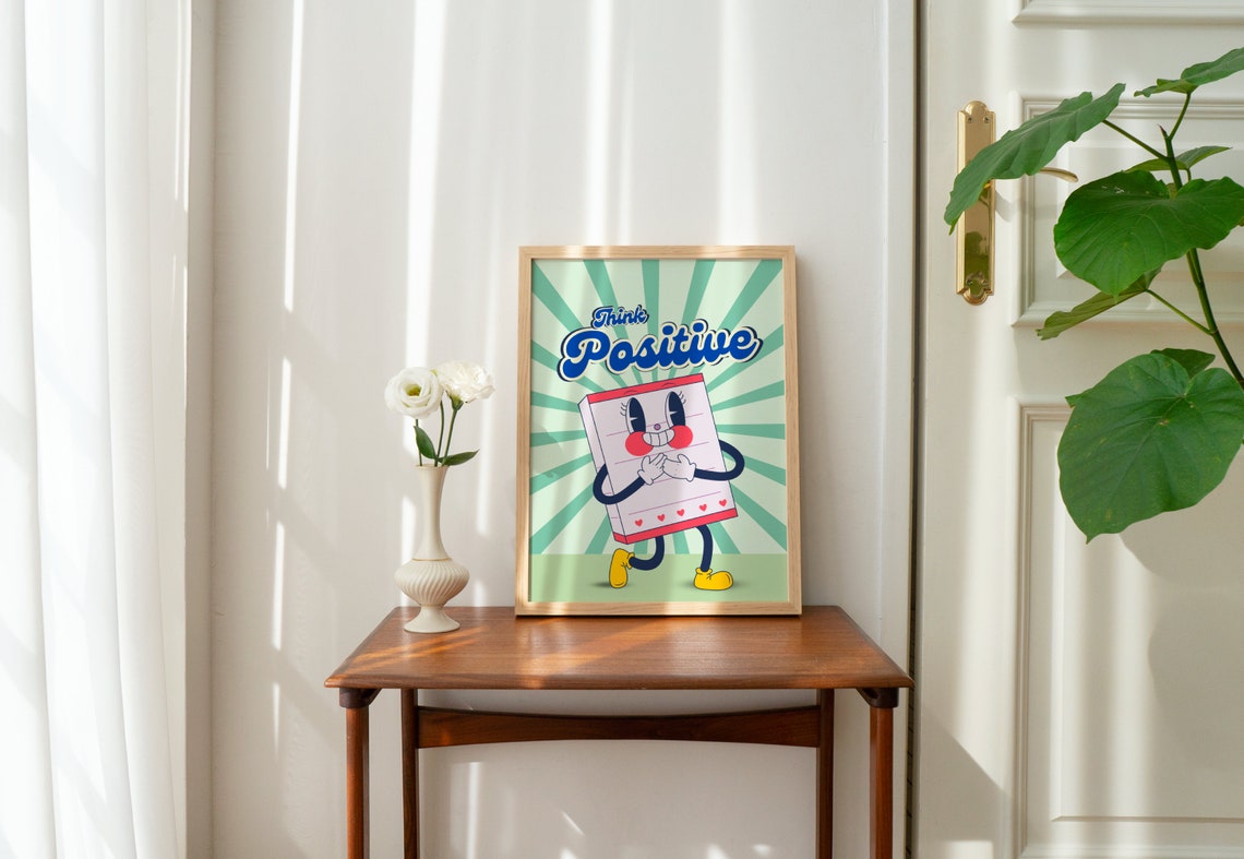 Think Positive Happy Notepad Character Retro Quote Art Poster - Image 3
