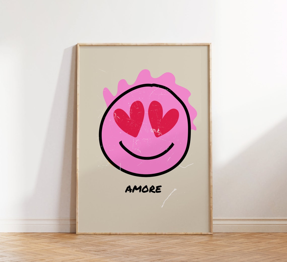 Amore Pink Smiley Heart Eyes Retro Love Distressed Art Poster - Image 4