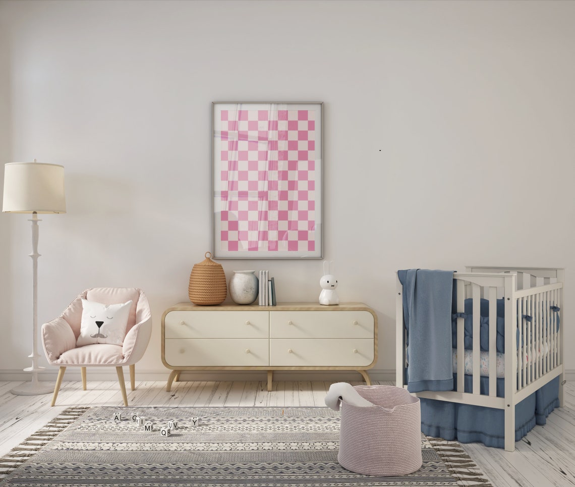 Pink White Checkerboard Trendy Aesthetic Minimalist Art Print - Image 3