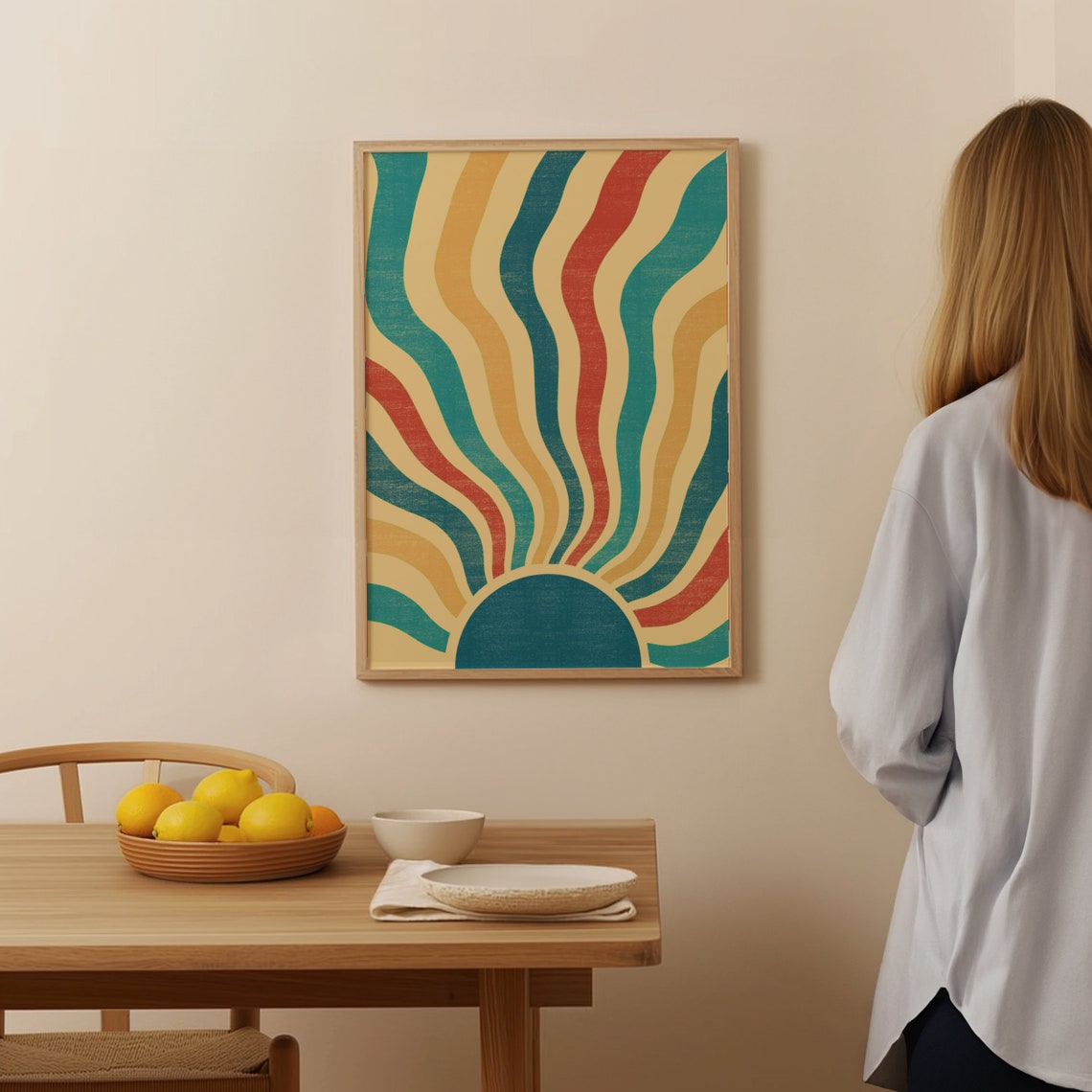 Retro Rising Sun Wavy Sunburst Teal Red Vintage 70s Art Poster - Image 3
