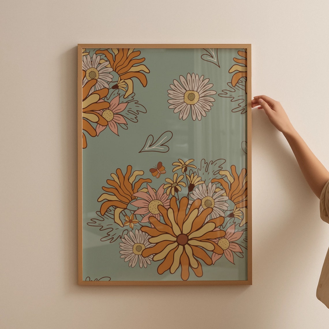 Boho Daisy Floral Pattern Retro Botanical Illustration Poster