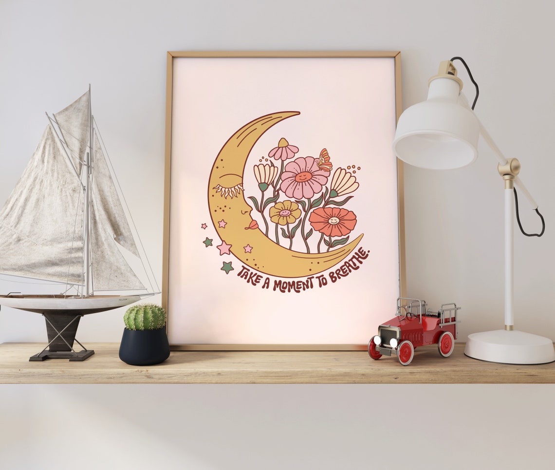 Take A Moment To Breathe Crescent Moon Flower Celestial Quote Poster - Image 4