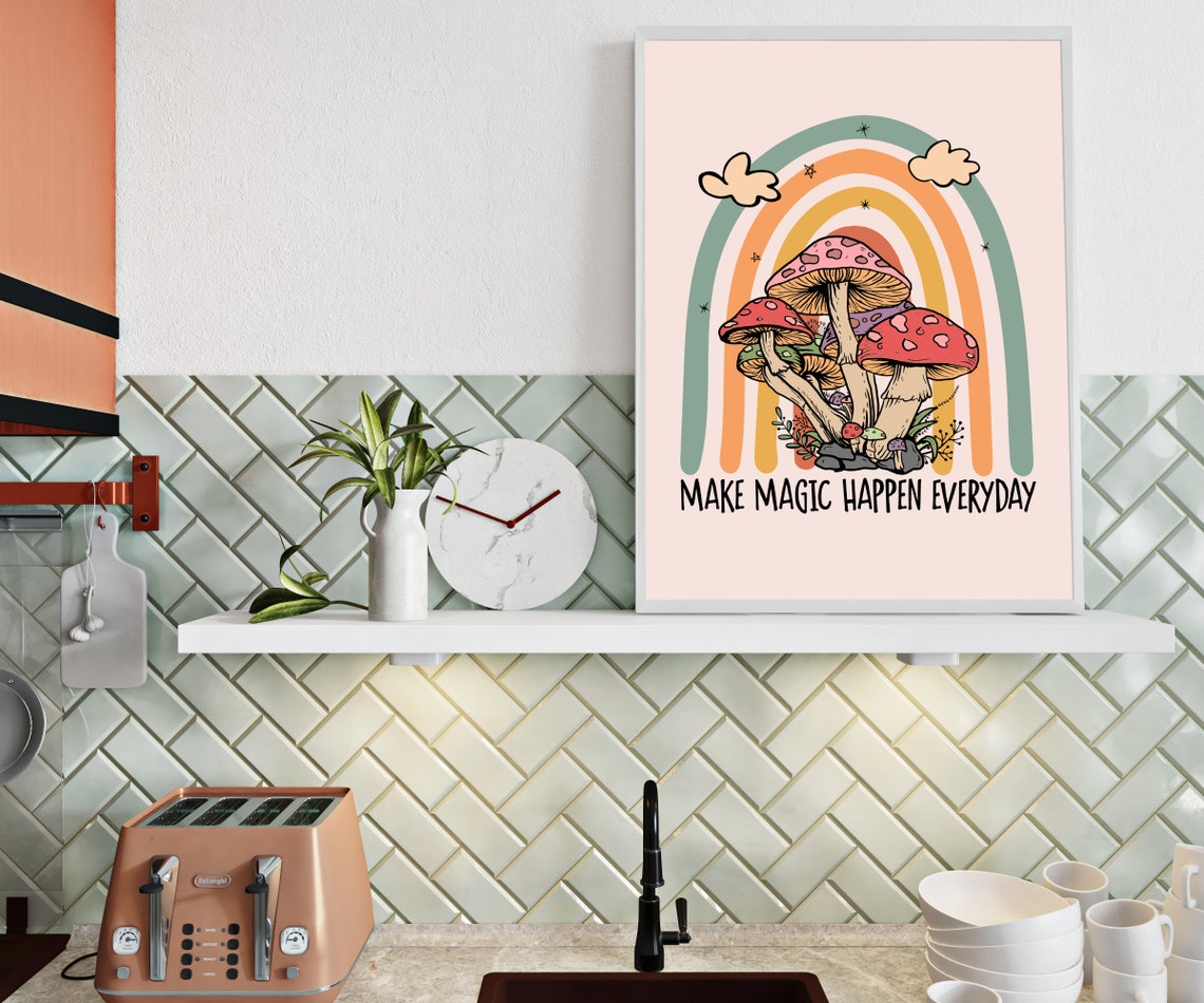 Make Magic Happen Everyday Mushroom Rainbow Retro Quote Poster - Image 3