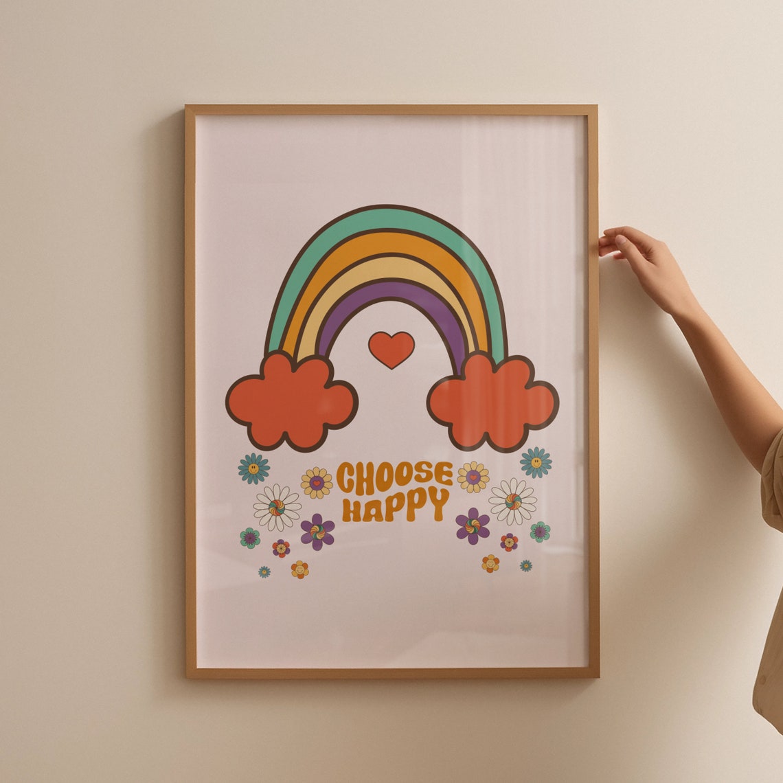 Choose Happy Retro Rainbow Flower Groovy Positive Quote Poster