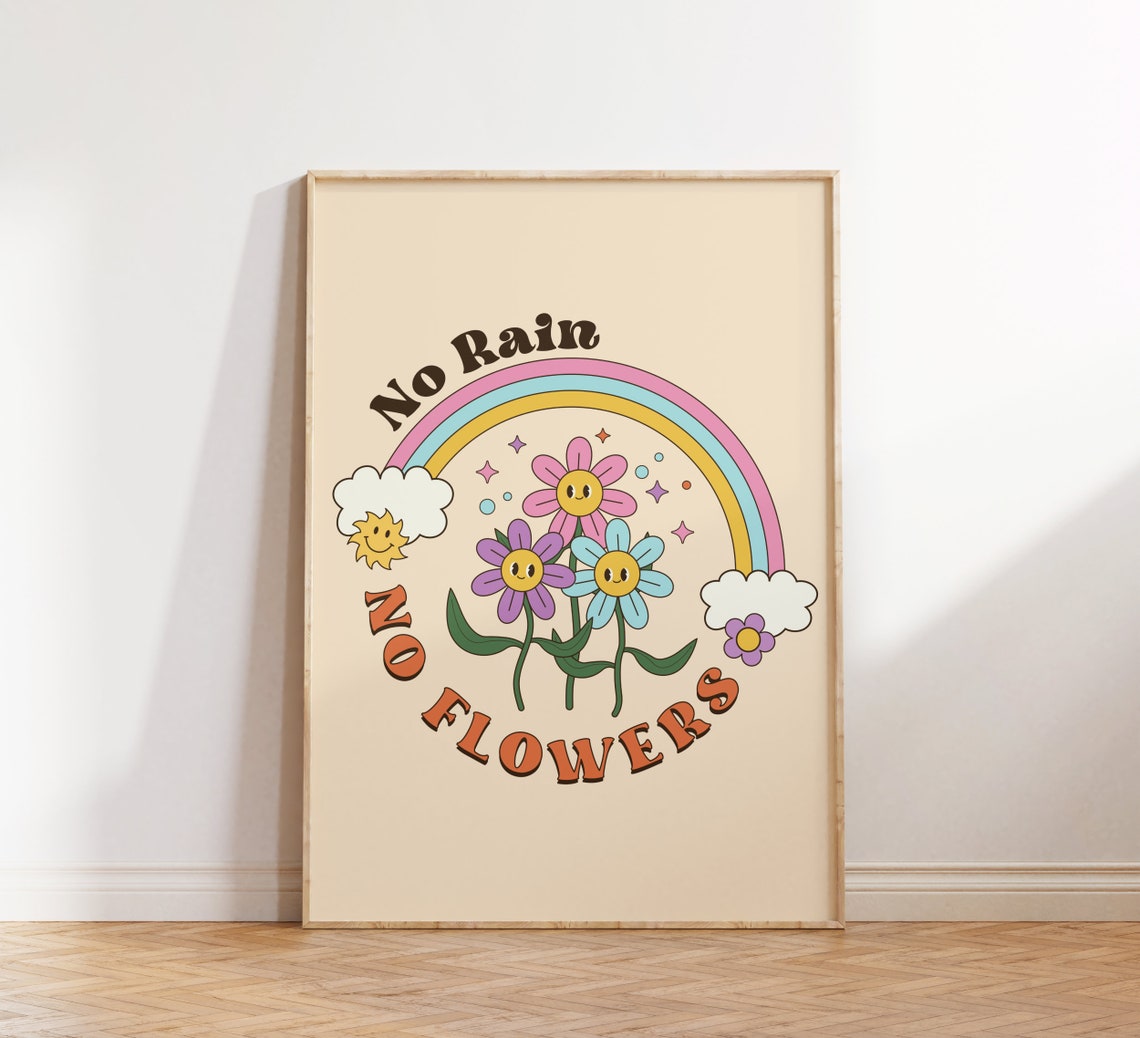 No Rain No Flowers Retro Rainbow Smiling Daisy Garden Poster - Image 2
